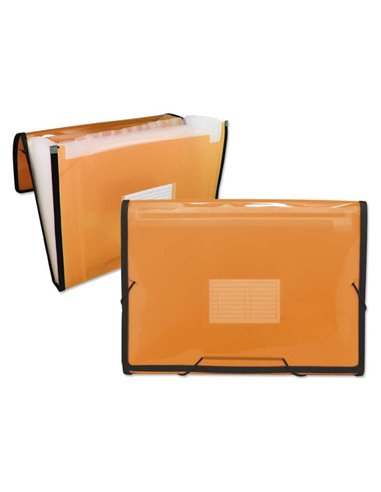 Ingraf - Chemise à Soufflet Cadre 13 Pochettes Format A4 - Polypropylène Translucide - Elastiques et Rabats - Coloris Orange