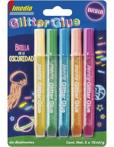 Imedio - Colle Pailletée "Glow in the Dark" Pack de 5 Tubes de Colle Pailletée 10ml - Glow in the Dark - Pour Différents Matéria