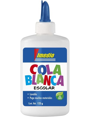 Imedio - Colle Scolaire Blanche 125gr - Sans Solvant - Flacon Souple Idéal pour les Enfants - Avec Spatule Intégrée