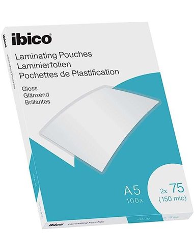 Ibico - Boîte de 100 feuilles de plastification A5 brillantes 75 microns - Finition brillante - Papier plastifié, photos, cartes