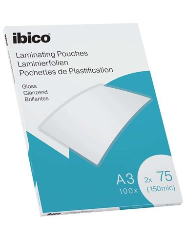 Ibico - Boîte de 100 Feuilles de Plastification Brillantes A3 75 Microns - Finition Cristalline Haute Brillance - Couleur Transp