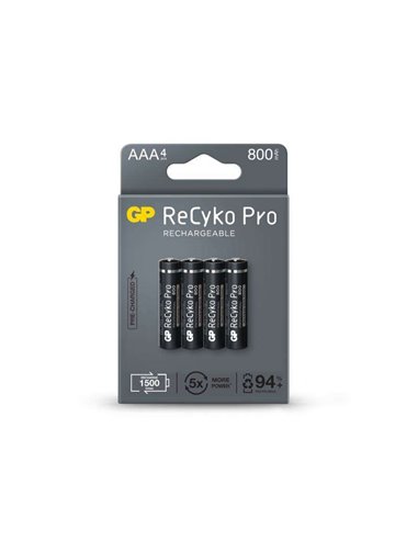 GP Batteries - ReCyko Pro Pack de 4 Piles Rechargeables 800mAh AAA 1,2V - Préchargées - Durée de vie : Jusqu'à 1 500 fois