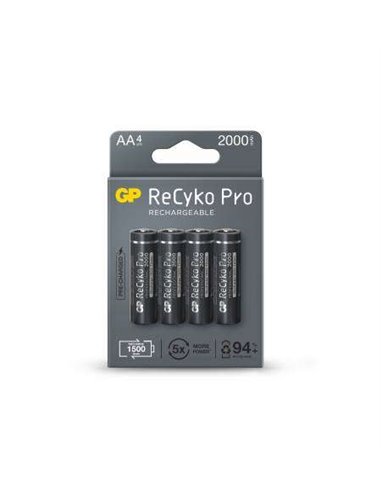 GP Batteries - ReCyko Pro Pack de 4 Piles Rechargeables 2100mAh AA 1,2V - Préchargées - Durée de vie : Jusqu'à 1 500 fois