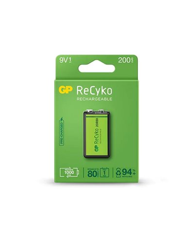 GP Batteries - Batterie rechargeable ReCyko 200mAh 9V - Préchargée - Durée de vie : jusqu'à 1000 fois