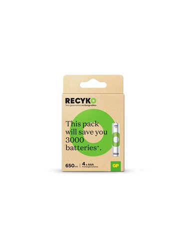 GP Batteries - ReCyko Pack de 4 piles rechargeables AAA 650 mAh 1,2 V - Préchargées - Fabriquées avec plus de 10 % de matériaux 