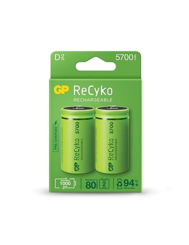 GP Batteries - ReCyko Pack de 2 Batteries Rechargeables 5700mAh D 1.2V - Préchargées - Durée de vie : Jusqu'à 1000 fois