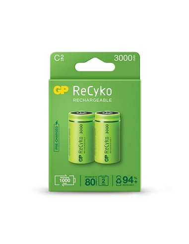 GP Batteries - ReCyko Pack de 2 Batteries Rechargeables 3000mAh C 1.2V - Préchargées - Durée de vie : Jusqu'à 1000 fois