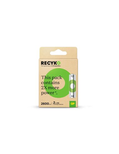 GP Batteries - ReCyko Pack de 2 Piles Rechargeables 2600mAh AA 1,2V - Préchargées - Durée de vie : Jusqu'à 1 000 fois