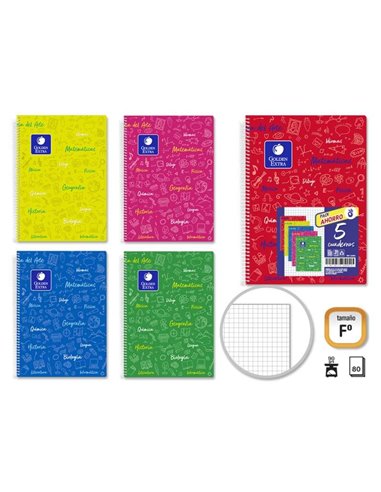 Golden - Pack de 5 Cahiers Folio Sujet 80 Feuilles 90gr Grille 4x4 - Résistant - Couverture Rigide - Idéal pour les étudiants - 