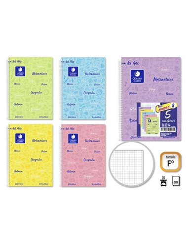 Golden - Pack de 5 Cahiers Folio Sujet 80 Feuilles 90gr Grille 4x4 - Résistant - Couverture Rigide - Idéal pour les étudiants - 