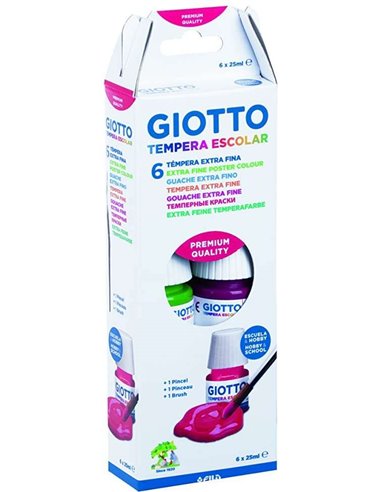 Giotto - Tempera Pack de 6 Pots de 25 ml. + Pinceau - À base d'eau - Excellente couverture - Couleurs assorties