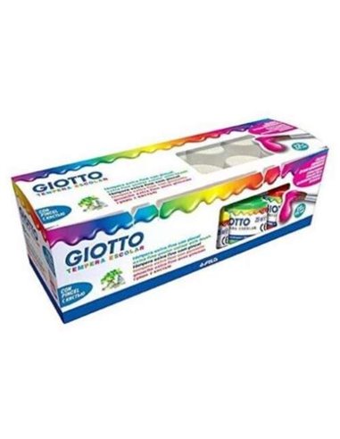 Giotto - Tempera Pack de 12 Pots de 25 ml. + Pinceau - À base d'eau - Excellente couverture - Couleurs assorties