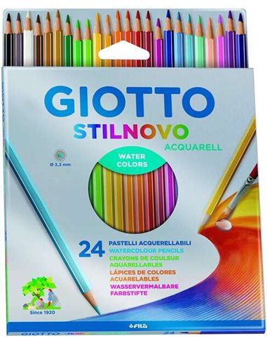 Giotto - Stilnovo Acquarell Pack de 24 Crayons Aquarelle Hexagonaux - Mine 3,3 mm - Bois - Couleurs Assorties