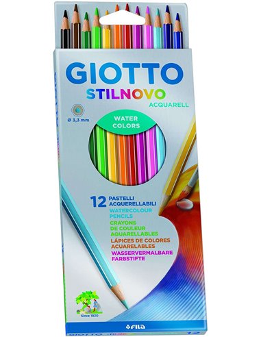 Giotto - Stilnovo Acquarell Pack de 12 Crayons Aquarelle Hexagonaux - Mine 3,3 mm - Bois - Couleurs Assorties