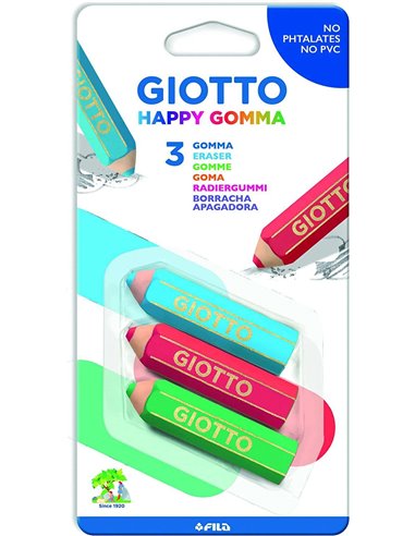 Giotto - Happy Goma Pack de 3 Gommes - Plastique - Couleurs Assorties