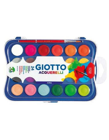 Giotto - Etui de 24 Aquarelles 30 mm + Pinceau - Couleurs Vives, Intenses et Vives - Très Couvrantes - Couleurs Assorties