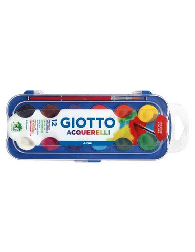 Giotto - Etui de 12 Aquarelles 30 mm + Pinceau - Couleurs Vives, Intenses et Vives - Très Couvrantes - Couleurs Assorties