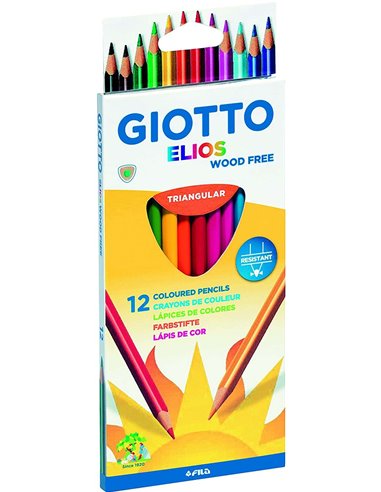 Giotto - Elios Wood Free Pack de 12 Crayons de Couleur Triangulaires - Sans Bois - Mine 3,3 mm - Couleurs Assorties