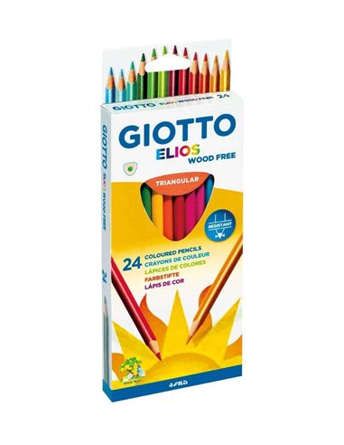 Giotto - Elios Giant Wood Free Pack de 24 Crayons de Couleur Triangulaires - Sans Bois - Mine 5 mm - Couleurs Assorties