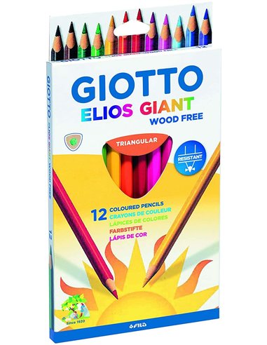 Giotto - Elios Giant Wood Free Pack de 12 Crayons de Couleur Triangulaires - Sans Bois - Mine 5 mm - Couleurs Assorties