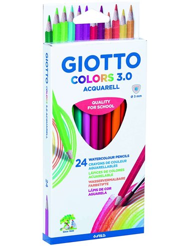 Giotto - Colors Acquarell 3.0 Paquet de 24 Crayons Aquarelle Triangulaires - Mine 3 mm - Bois - Couleurs Assorties