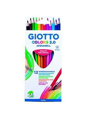 Giotto - Colors Acquarell 3.0 Paquet de 12 Crayons Aquarelle Triangulaires - Mine 3 mm - Bois - Couleurs Assorties