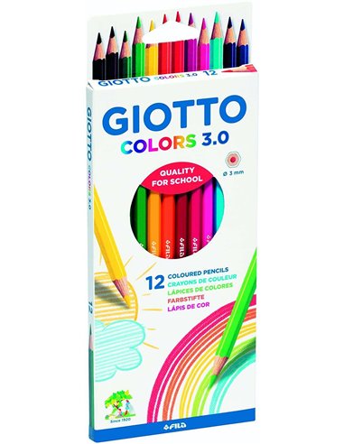 Giotto - Colors 3.0 Paquet de 12 Crayons de Couleur Hexagonaux - Mine 3 mm - Bois - Couleurs Assorties