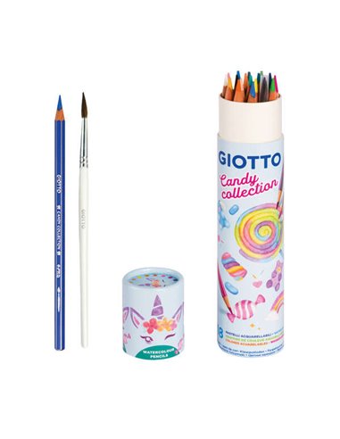 Giotto - Candy Collection Acquarell Pot de 18 Crayons Aquarelle Hexagonaux + Pinceau - Couleurs Assorties