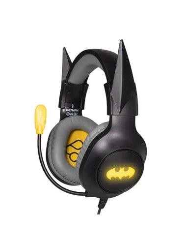 FR-Tec - Casque de jeu Batman avec microphone pliable - Bandeau réglable - Oreillettes rembourrées - Éclairage LED jaune - Coule