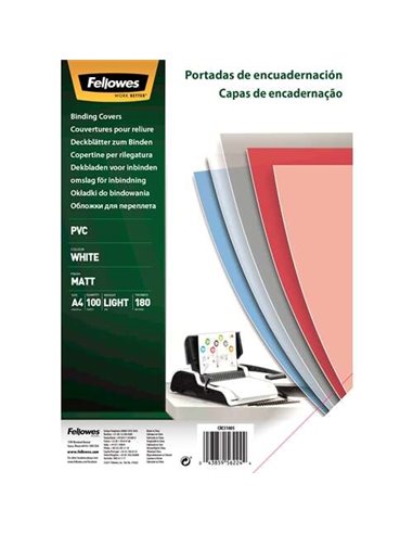 Fellowes - Paquet de 100 couvertures de reliure PVC A4 - 180 microns - Haute qualité - Couleur blanc