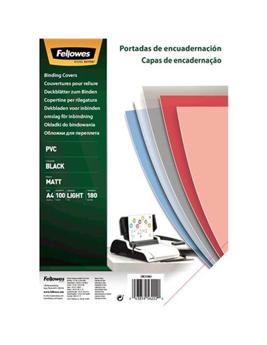 Fellowes - Paquet de 100 couvertures de reliure PVC A4 - 180 Microns - Finition de qualité - Couleur Noir