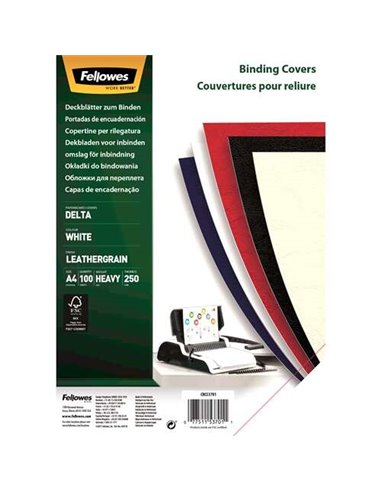 Fellowes - Paquet de 100 couvertures cartonnées simili cuir Delta Leather A4 - 250 gr - Coloris Blanc