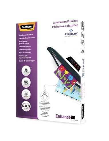 Fellowes - Paquet de 100 pochettes de plastification brillantes A5 - 80 microns - Haute qualité - Transparent