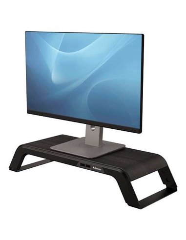 Fellowes - Support pour Moniteur Hana - Réglable sur 3 Hauteurs - 4 Ports USB - Base Aluminium et Finition Bois - Jusqu'à 22kg -