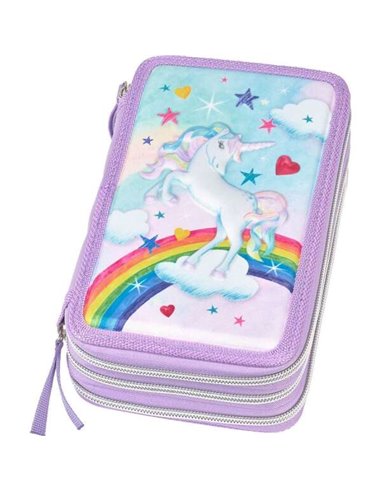 Faber-Castell - Trousse à 3 niveaux motif licorne avec contenu standard : gomme, 1 taille-crayon, 1 crayon graphite HB, 2 stylos