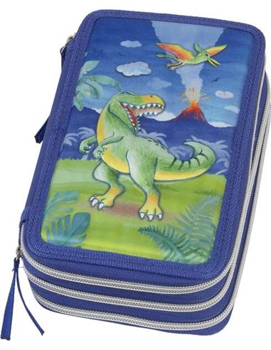 Faber-Castell - Trousse à 3 niveaux motif dinosaure avec contenu standard : gomme, taille-crayon, crayon graphite HB, 2 stylos (