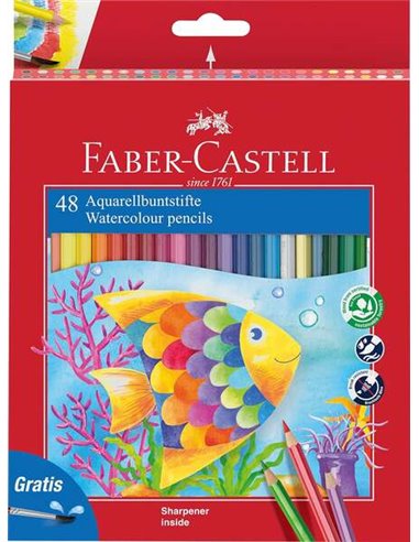 Faber-Castell - Crayons Aquarelle Couleur Classique Paquet de 48 Crayons Aquarelle Hexagonaux + Pinceau - Résistance à la Casse 