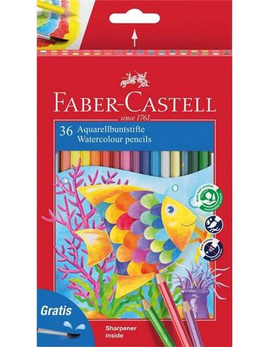 Faber-Castell - Classic Color Aquarelle Pack de 36 Crayons de Couleur Aquarelle Hexagonaux + Pinceau - Résistance à la Casse - C