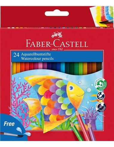 Faber-Castell - Crayons Aquarelle Couleur Classique Pack de 24 Crayons Aquarelle Hexagonaux + Pinceau - Résistance à la Casse - 