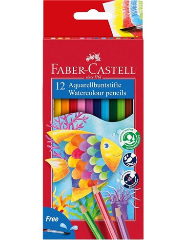 Faber-Castell - Classic Color Aquarelle Pack de 12 Crayons de Couleur Aquarelle Hexagonaux + Pinceau - Résistance à la Casse - C