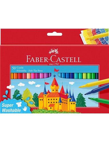 Faber-Castell - Pack de 50 marqueurs Castle - Encre lavable à base d'eau - Couleurs assorties