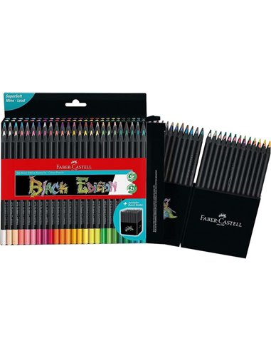 Faber-Castell - Black Edition Pack de 50 Crayons de Couleur - Mine Super Douce - Bois Noir - Idéal pour Dessiner sur Papier Clai