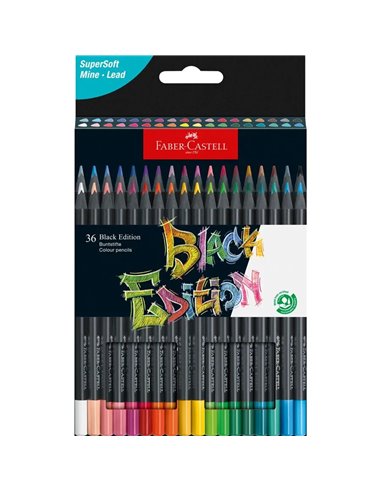 Faber-Castell - Pack de 36 Crayons de Couleur Black Edition - Mine Super Douce - Bois Noir - Idéal pour Dessiner sur Papier Clai