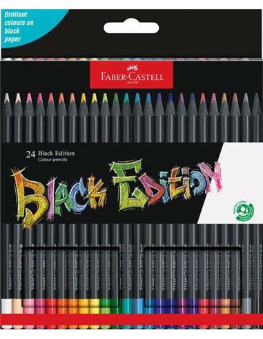 Faber-Castell - Black Edition Pack de 24 Crayons de Couleur - Mine Super Douce - Bois Noir - Idéal pour Dessiner sur Papier Clai