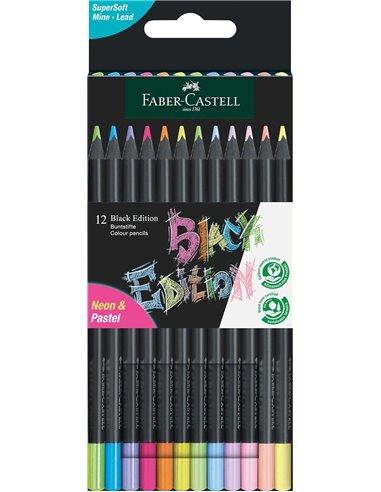 Faber-Castell - Black Edition Pack de 12 Crayons de Couleur Néon+Pastel - Mine Super Douce - Bois Noir - Idéal pour Dessiner sur