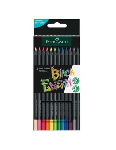 Faber-Castell - Black Edition Pack de 12 Crayons de Couleur - Mine Super Douce - Bois Noir - Idéal pour Dessiner sur Papier Clai