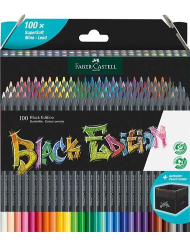 Faber-Castell - Black Edition Pack de 100 Crayons de Couleur - Mine Super Douce - Bois Noir - Idéal pour Dessiner sur Papier Cla