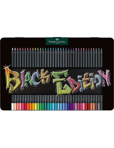 Faber-Castell - Boîte Métal Black Edition de 36 Crayons de Couleur - Mine Super Douce - Bois Noir - Idéal pour Dessiner sur Papi