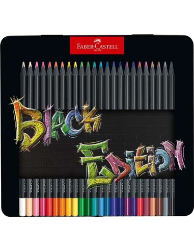 Faber-Castell - Boîte Métal Black Edition de 24 Crayons de Couleur - Mine Super Douce - Bois Noir - Idéal pour Dessiner sur Papi