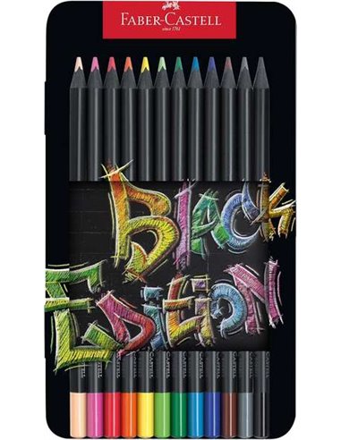 Faber-Castell - Boîte Métal Black Edition de 12 Crayons de Couleur - Mine Super Douce - Bois Noir - Idéal pour Dessiner sur Papi